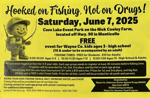 Hooked on Fishing, Not on Drugs event flyer for Saturday June 7, 2025 at Cave Lake Event Park